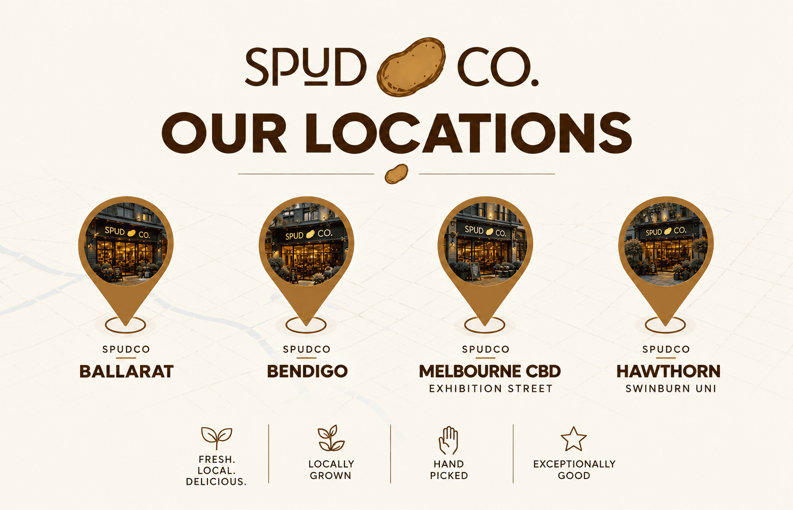 SpudCo locations in Ballarat, Bendigo, Melbourne CBD and Hawthorn